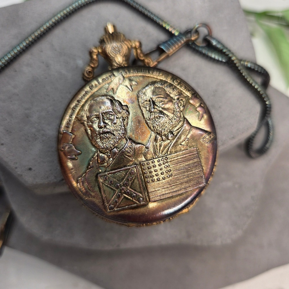 Luxury Civil War Commemorative Pocket Watch Lee Grant Bronze Tone Snake Chain